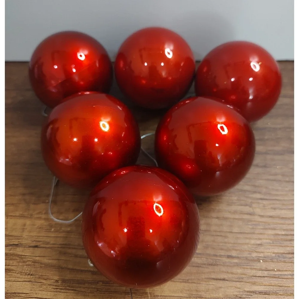 Vintage Cherry Red Shiny Shatterproof Christmas Tree Ornaments Lot Of 6 O71